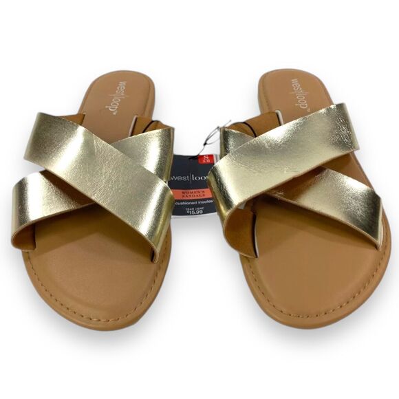 WOMEN'S SMALL (5/6) Metallic Gold Casual Flat Crossover Slide Sandals Cushioned - Picture 3 of 14